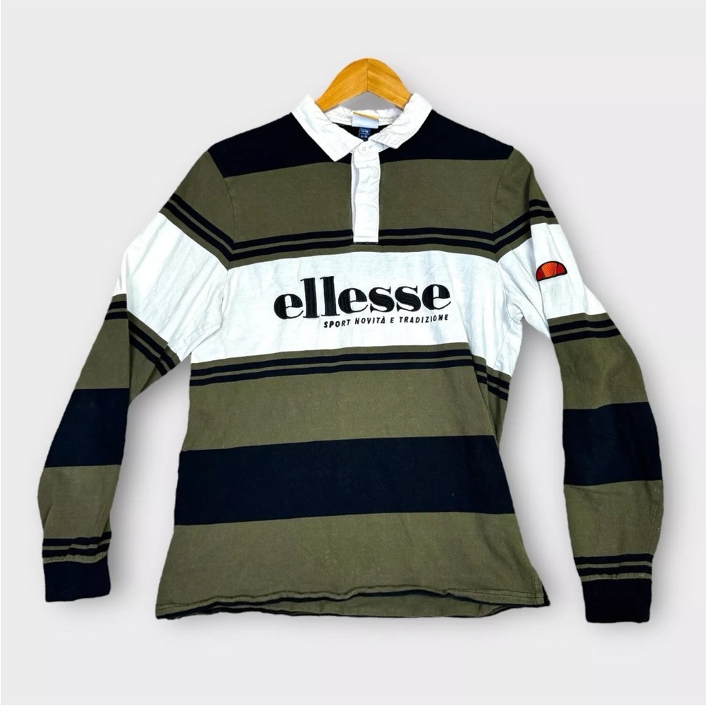 Ellesse Long Sleeve Rugby Polo Shirt Mens Medium Green Blue Striped Sport Wear